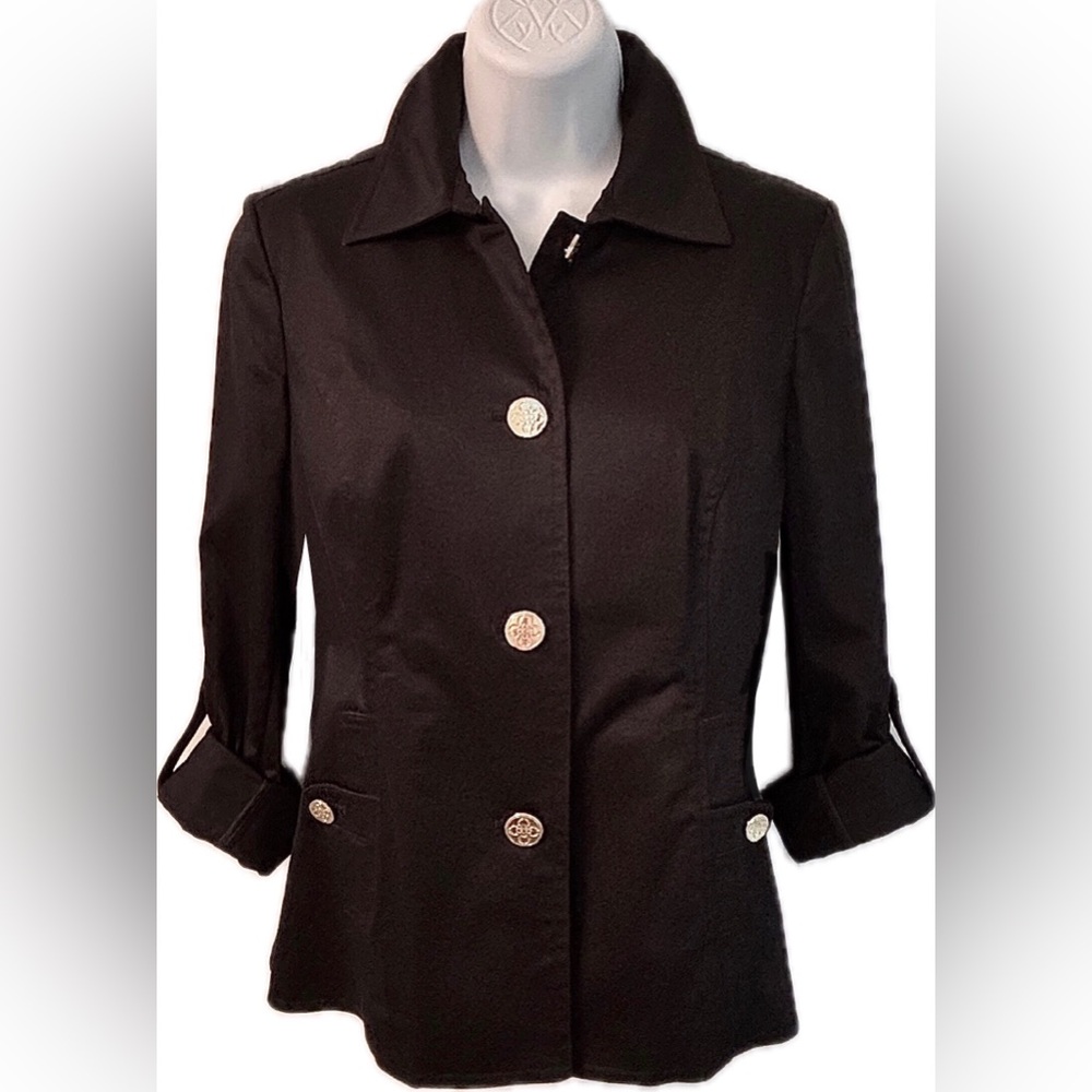 Charter Club Black Cotton Chintz Jacket with Gold Buttons, Tabs